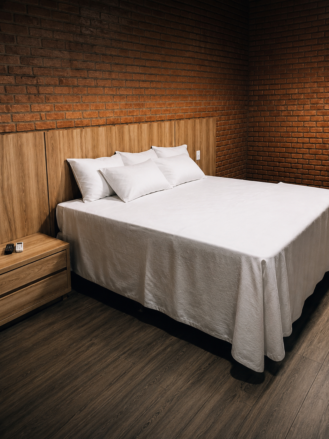 Suíte Exclusiva do Villa Green Hotel, com cama de casal e cabeceira de madeira sobre parede de tijolo aparente